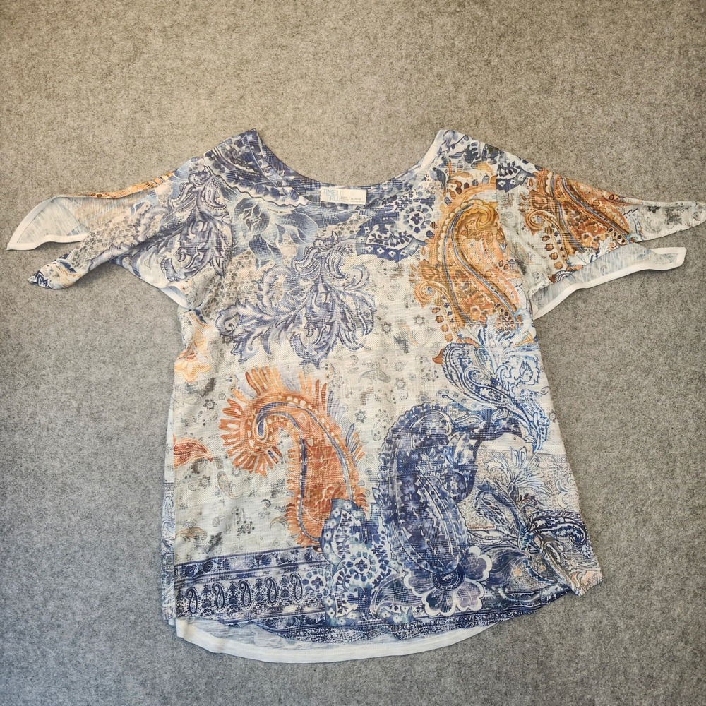 Time and Tru Womens XL Navy Combo Paisley Cold Shoulder Rhinestone Blouse Top